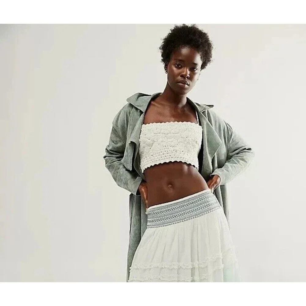 Free People Drift Away Blouse Tube Top Floral Crochet Smocked White S 279430